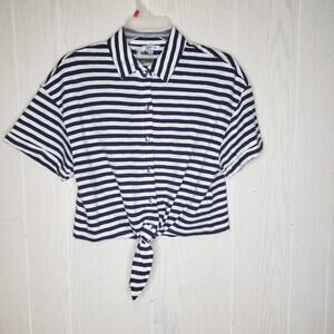 New Splendid navy white nautical shirt tie front cropped size xSmall